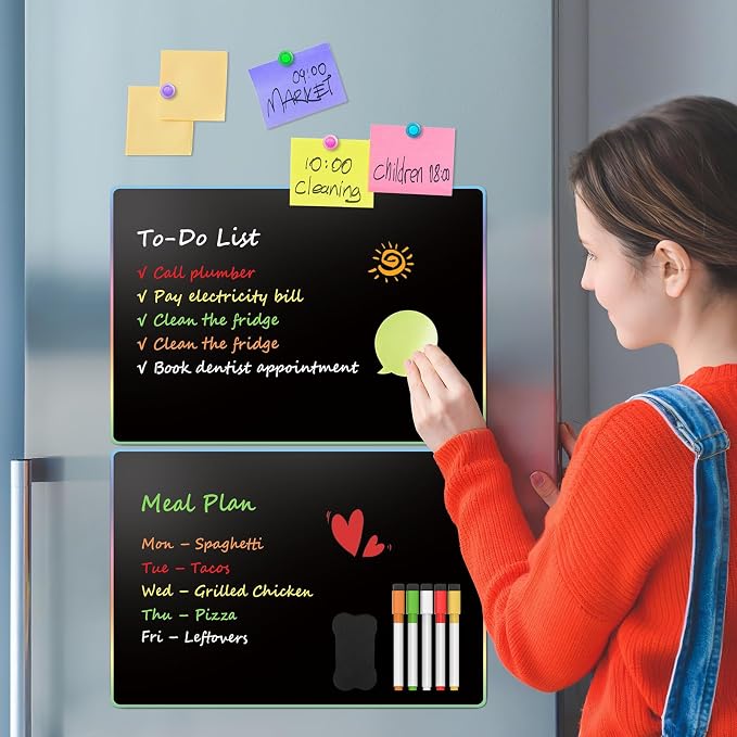 MaxGear Magnetic Whiteboard for Fridge 12x8 Black 5 Pack | Strong Magnet, Dry Erase, Reusable, Easy Clean, Stain Resistant, Meal Planner, Grocery List, Family Notes, Kitchen Organizer