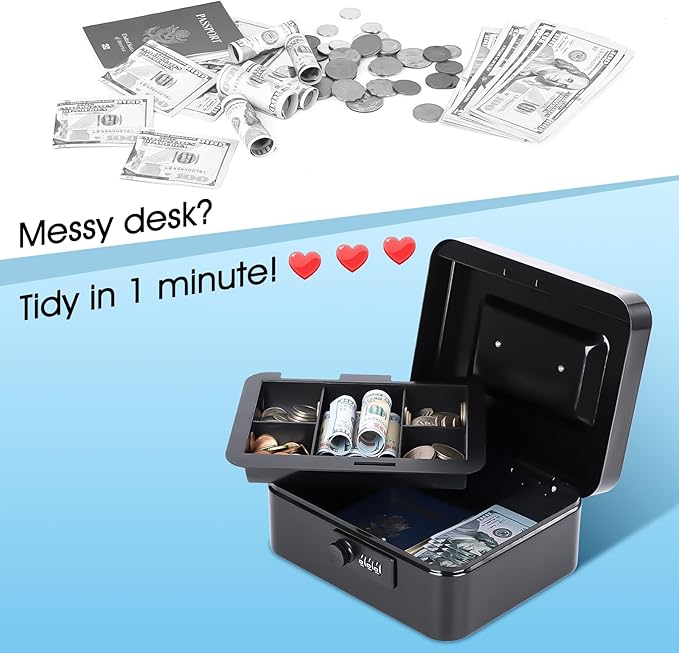 KYODOLED Metal Cash Box with 3-Digit Combination Lock & Money Tray - Secure Safe for Home, Office & Events, Ideal for Cash, Meds & Small Items, 7.87" x 6.30" x 3.35", Black, Cold-Rolled Steel, 4PACK