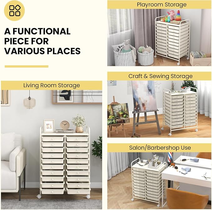 COSTWAY 20-Drawer Rolling Storage Cart, Utility Storage Organizer Cart | For Tools, Scrapbook, Paper, Craft, Multipurpose Storage Trolley on Wheels for Home Office School (Ivory White)