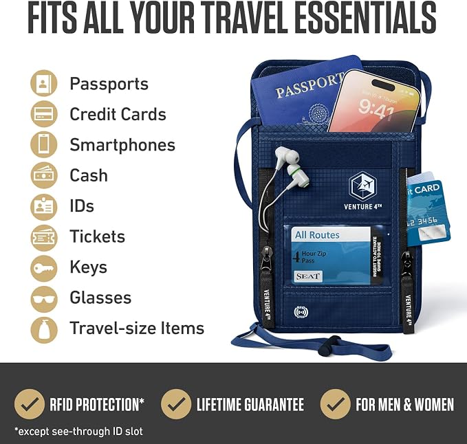 VENTURE 4TH Travel Neck Wallet, RFID Blocking Passport Holder - Navy Blue