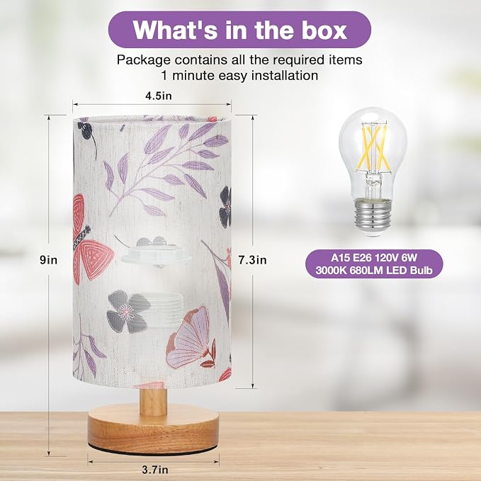 Small Table Lamps (Butterfly Cream Shade, 9" Inline Control) | 3000K LED Blub Included | 680 Lumens | Easy Assembly | Minimalist Design | E26 | for Kitchen | for Kids Room
