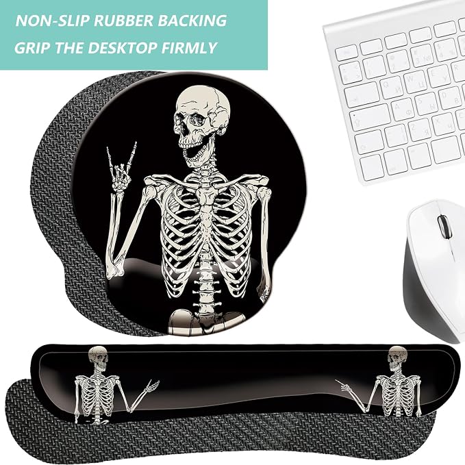 Keyboard Wrist Rest Pad Mouse Pad with Wrist Support Set of 3, Mousepad with Non-Slip Rubber Base, Ergonomic Memory Foam Mouse Wrist Cushion Support for Home Office Laptop Computer, Human Skeleton