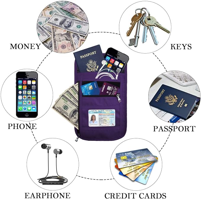 OMYSTYLE Neck Wallet, RFID Passport Holder for Travel, Adjustable Neck Strap, Waterproof Neck Pouch for Men & Women to Keep Cash, Credit Cards and Documents Safe, Purple (8x6)