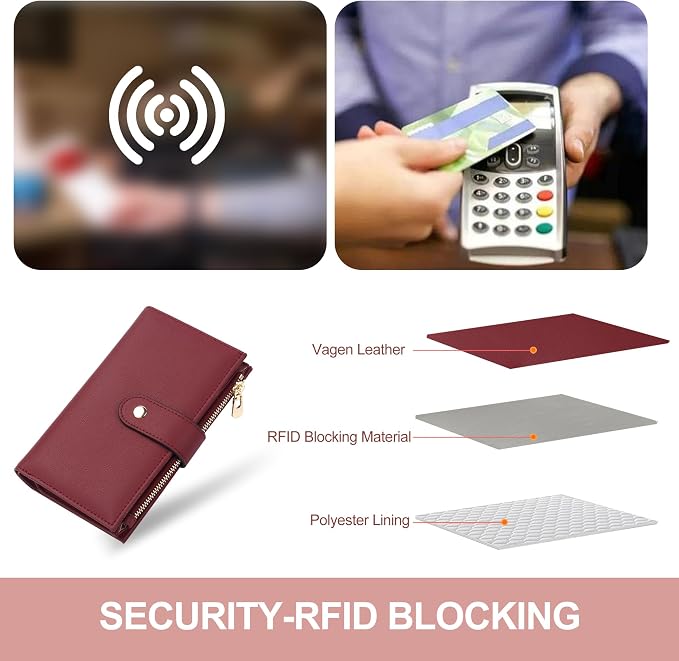 yiijay Womens Wallet RFID Blocking Leather Trifold Clutch Wallet Credit Card Holder Ladies Travel Wallet Purse with Passport/Pen Holder