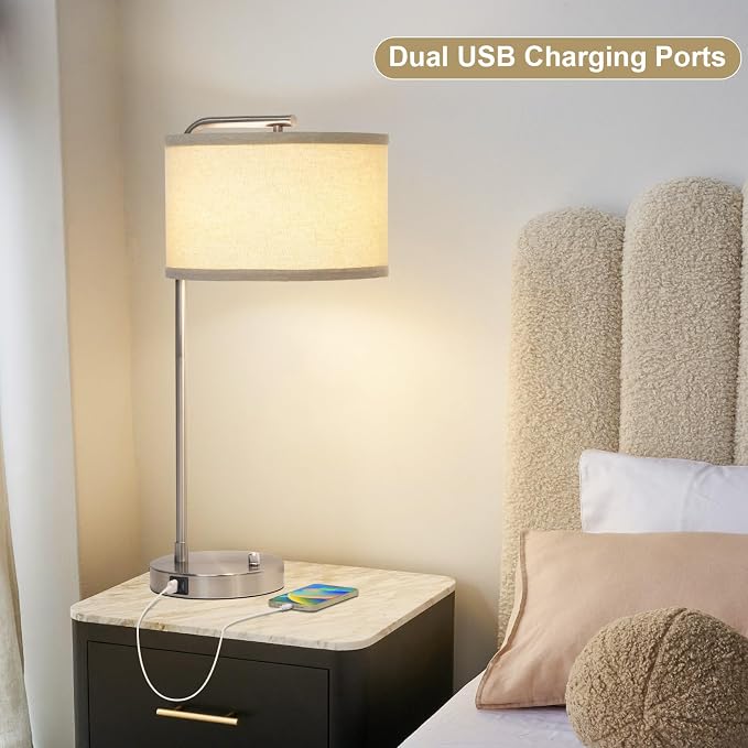 25" Tall Modern Bedside Lamp with USB C+A Ports, Fully Dimmable Table Lamp | NightstanDesk Lamp with Beige Drum Shade, Silver Finish Side Table Lamp for Living Room Bedroom Office, LED Bulb Included