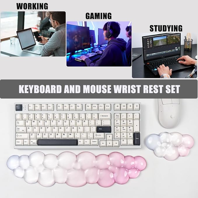 Ergonomic Cloud Silicone Gel Keyboard and Mouse Wrist Rest Set – Clear Wrist Rest for Computer Keyboard 60%/68%/75%, Comfort & Support for Typing and Gaming (Light Pink Blue)