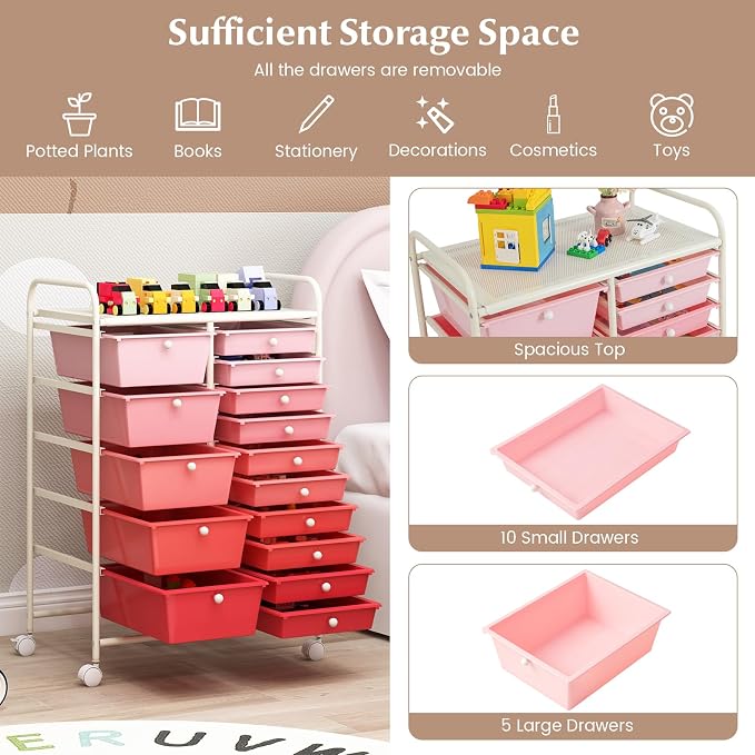 COSTWAY 15 Drawer Rolling Storage Cart, Mobile Storage Organizer | Removable Drawers & Metal Frame, Multipurpose Utility Tools Paper Organizer on Wheels for Home, Office (Mixed Pink)