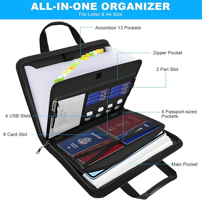 Fireproof Accordion File Organizer with Lock for Important Documents | 13 pockets expandable file folder, 2500°F fireproof, water-resistant, portable for home office travel, fits letter/A4 size