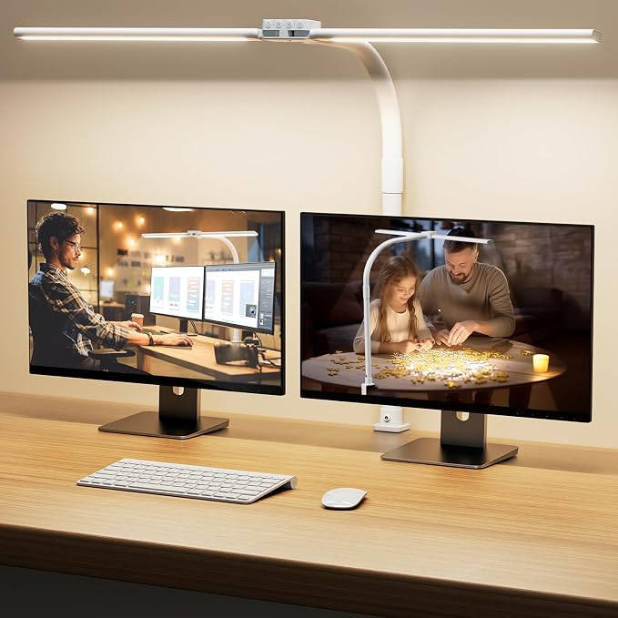 LED Desk Lamp for Home Office - Dimmable Computer Desk Light with Clamp, Modern Architect Task Lamp with Color Changing, Flexible Desktop Lamp with Gooseneck for Monitor, Double Head, White
