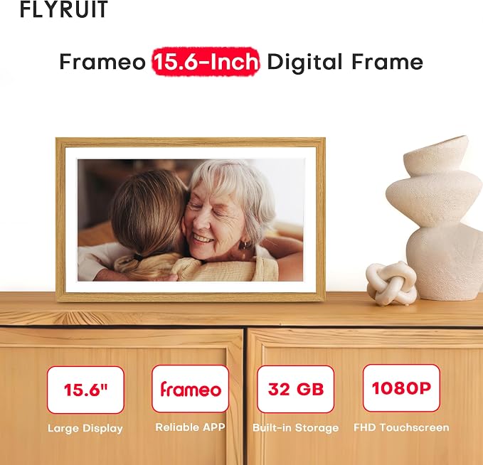 Frameo 15.6 inch Digital Picture Frame WiFi Wood, 1920 * 1080 IPS FHD Touchscreen Large Digital Photo Frame, 32GB Storage, Instant Share Photo Video, Wall-Mountable & Tabletop Display, Gift for Mom