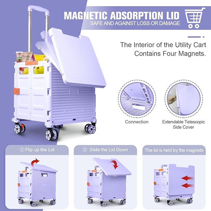 FELICON SELORSS Folding Utility Cart Portable Rolling Crate Handcart-Purple | Magnetic Sliding Lid,Telescoping Handle,Plastic Box Dolly,360°Swivel Wheels for Travel Shop Move Laundry Office Teacher Use