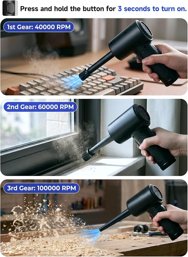 Compressed Air Duster, 100000RPM Electric Air Duster for Computer Keyboard, 6000mAh Rechargeable Cordless Air Blower with LED Light, Fast Charge Portable Air Can for PC Cleaning