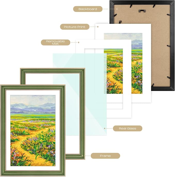 Golden State Art, 13x19 Photo Frame With Mat for Pictures 11x17 and Real Glass (Green With Gold Trim - White Color Mat, 1.25 Inch Frame Border)