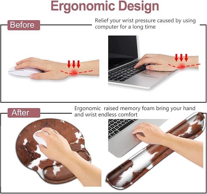 Keyboard Wrist Rest and Mouse Pad with Wrist Support Ergonomic Mousepad Coaster, Easy Typing Pain Relief Keyboard Set, Memory Foam Keyboard Wrist Rest,Cowhide Farm Animal Skin Leopard Brown Cow