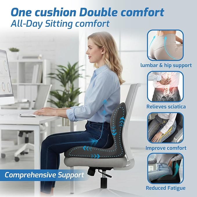 Seat Cushion, Office Chair Cushion with Lumbar Support Pillow, Memory Foam Car Cushions, for Long Sitting, Tailbone & Back Pressure Relief,Sciatica Pad for Office, Car, Home Chairs