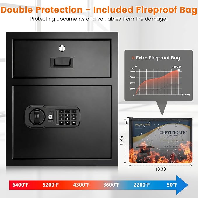 3.2 cu ft Fireproof Safe Boxwith Lockable Drawer, Anti-Theft Safe Deposit Box with Combination Lock & 2 Backup Keys, Heavy Duty Depository Safe Box for Business Home Office