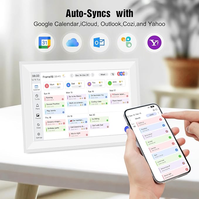 15.6" Smart Digital Wall Calendar Interactive Display for Family Schedules Wall Planner with Chore Charts Meal Planning Task Rewards 64GB Storage 1920x1080P IPS Touchscreen Digital Picture Frame White