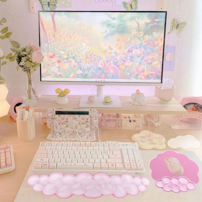 Gel Cloud Wrist Rest Keyboard Clear Pink Mouse Pad with Wrist Rest Set 3PCS Ergonomic Cool Keyboard Wrist Pad Cute Acrylic Coaster Non-Slip Base Cute Transparent Mouse Wrist Pad Support for Computer