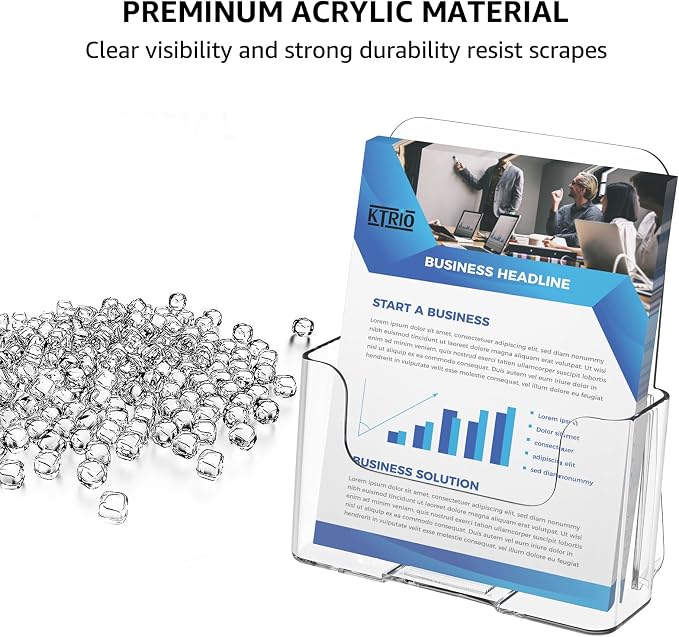 KTRIO Acrylic Brochure Holder 6 x 8, 2 Pack Bi-fold Flyer Display Stand | Desktop/Wall-Mount, Clear Plastic Stand Fits 6" Wide Magazines, Pamphlets, Booklets, Journals, Menus, Business Papers