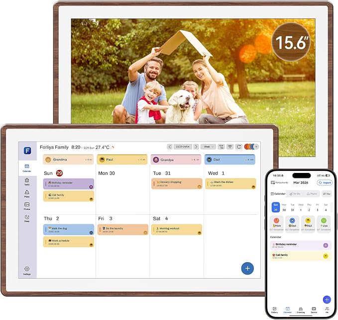 ANKRA 15.6" Digital Calendar, No Subscription Electronic Wall Calendar, Interactive Touchscreen Display for Family Schedules, Meal Planner, Chore Chart with Rewards, Digital Photo Frame, Wall & Desk Mountable (Walnut)