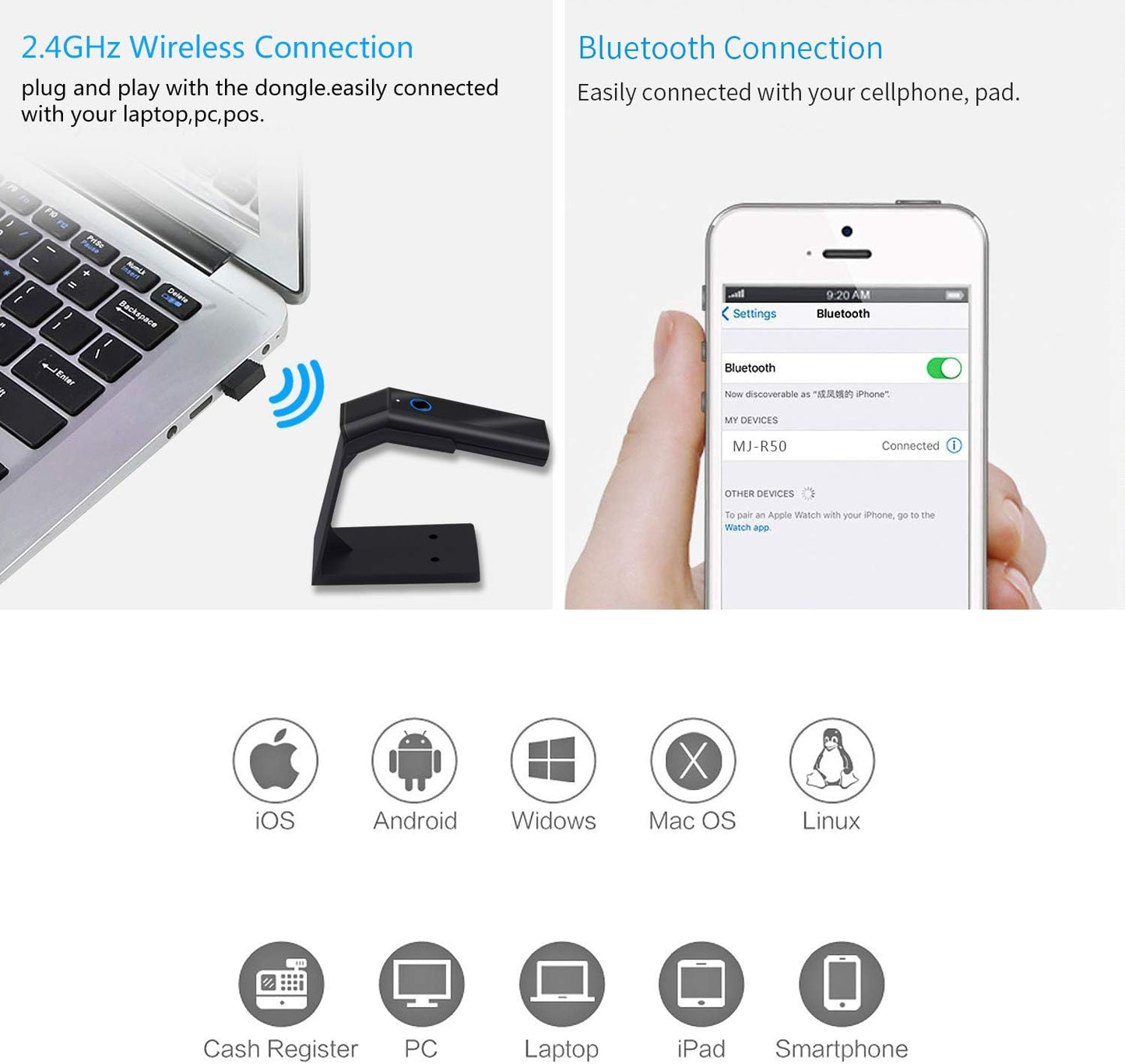 Portable 2D Bluetooth Wireless Barcode Reader Scanner with Stand, Symcode Handheld Cordless QR Bar Code Scanner 3-in-1 Bluetooth 4.1 & 2.4G Wireless & USB Wired Bar Code Reader Scanner with Stand