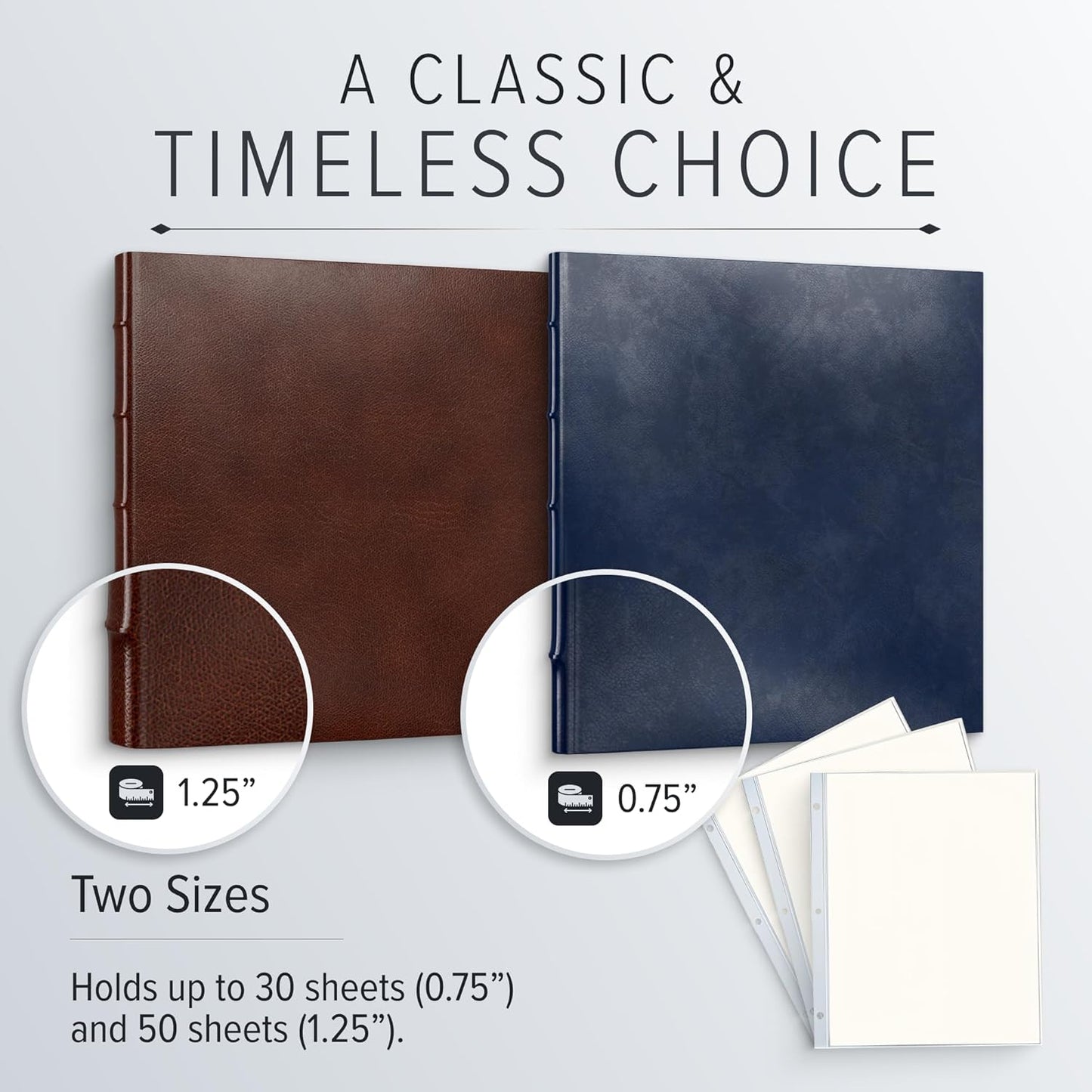 Gallery Leather 3 Ring Binder with Plastic Sleeves, Includes 10 Sheets, Sheet Size: 8.5" x 11" - Presentation Binder Rings with Window and Hubbed Spine, Thick: 0.75" Freeport Black