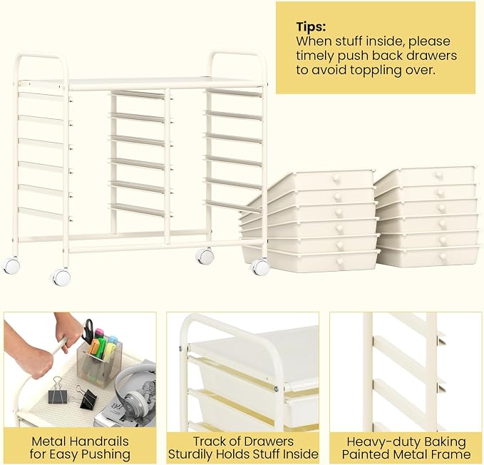 COSTWAY 12-Drawer Rolling Storage Cart, Utility Storage Organizer Cart | For Tools, Scrapbook, Paper, Craft, Multipurpose Art Supply Organizer on Wheels for Home Office School, Teacher, Ivory White
