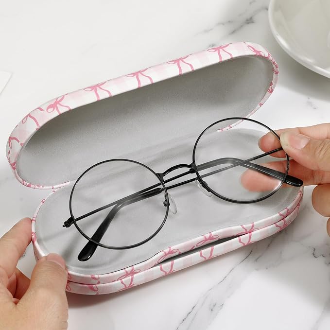 MoKo Double Eyeglass Case, Contact Lens Case with Mirror Tweezers Remover, 2 in 1 Double Sided Portable Contact Lens Box Holder Container Soak Storage Kit Sunglasses Pouch for Men & Women, Pink Scales
