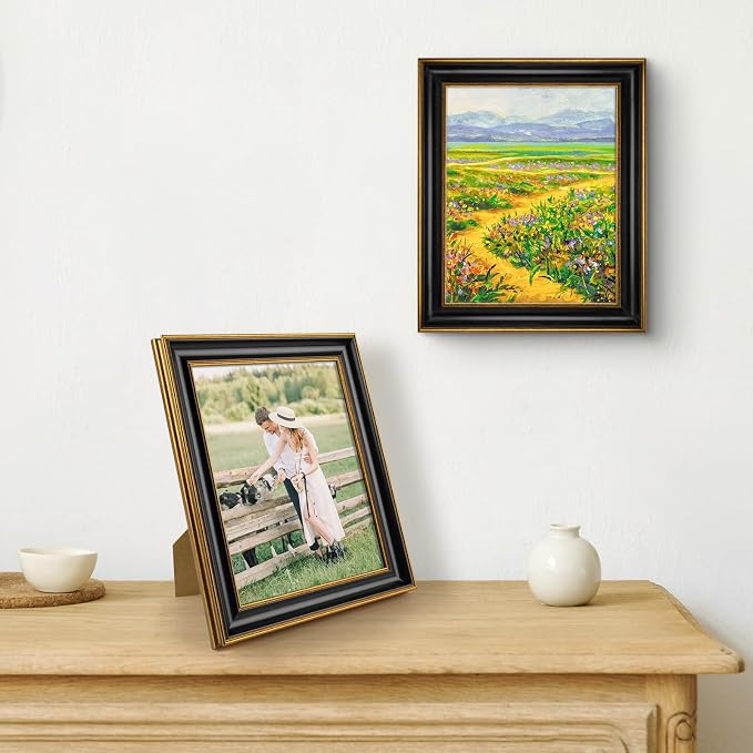 Golden State Art, 8x10 Black With Antique Gold Trim Color Picture Frame - Easel Stand, Sawtooth Hanger - Real Glass, Landscape, Portrait Display - Great for Postcards, Photographs