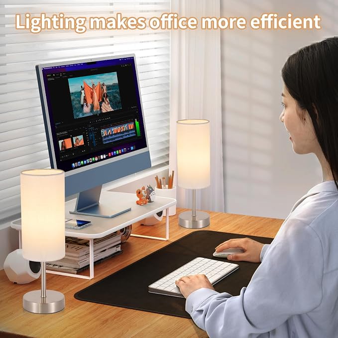 RISLG 2 Pack Small Table Lamp for Bedroom, Bedside Lamp for Nightstand, Minimalist Modern Desk Lamp with Linen Fabric Shade for Living Room, Office, Kids Room, Dorm, LED Bulb Included