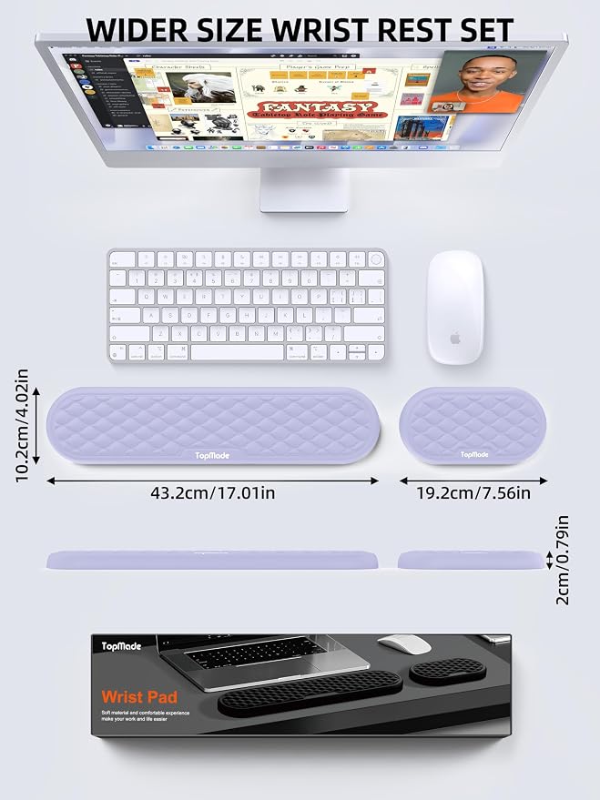 TopMade Upgraded Wider Wrist Rest Set, Soft Memory Foam Keyboard Hand Rest Pad, Computer Ergonomic Keyboard Mouse Wrist Support for Typing Pain Relief, Comfort for Office, Gaming, Study, Purple