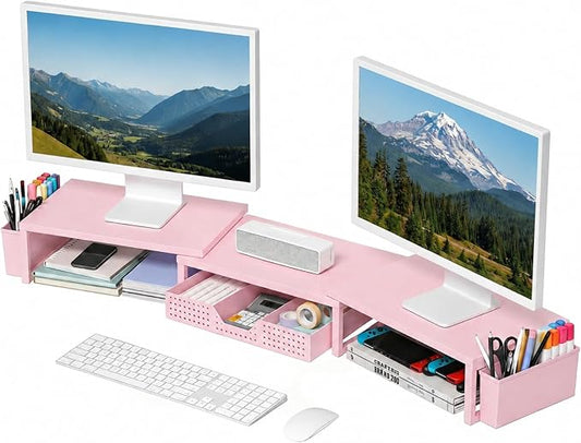 Desk Organizers and Accessories, Dual Monitor Stand Riser with Drawer and 2 Pen Holders, Desk Shelf Computer Racks for Office Workspace Organizers, Desktop Organization (Peach-pink)