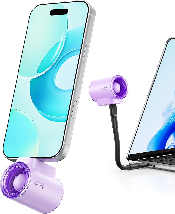 Aecooly Powerful USB C Phone Fan with Flexible Rod, 17000 RPM High Speed | Compatible with iPhone, iPad, Tablet, 4 Speed Mini Portable Phone Fan Attachment for Summer, Travel, Gifts for Women-Purple