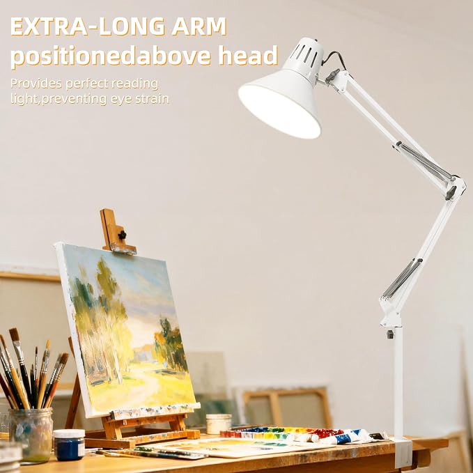 White Desk Lamp with Clamp, Extra-Tall Adjustable Metal Swing Arm, 5000K | Manicurist Table Lamp for Nail Work, Drafting, Sewing, Crafting, College Dorm and Home Office, A19 Bulb Included