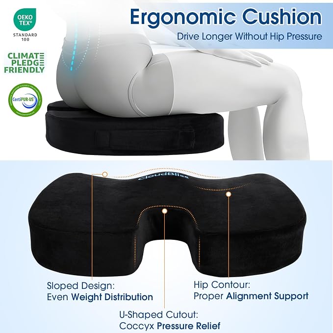 CloudBliss Lumbar Support Pillow & Seat Cushion Set for Office Chair, Desk Chair, Wheelchair & Car–Memory Foam Back Support,Ergonomic Chair Cushions,Sciatica Pain Relief,Home Essentials(Black,XL)