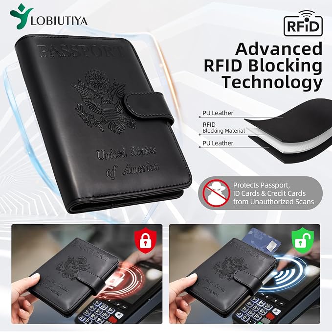 Passport Holder For Travel with Luggage Tag Cover – RFID Blocking Travel Passport Wallet Holder for Men/Family| PU Leather Passport Case with Extra Money Pocket/Magnetic Clasp, Black