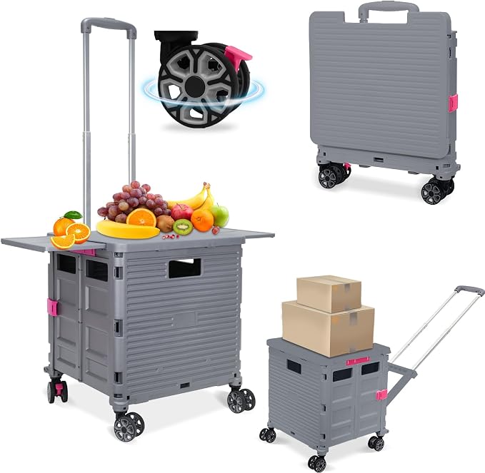 FELICON SELORSS Folding Utility Cart Portable Rolling Crate Handcart-Gray | Adjustable Handle+Extended Magnetic Lid,Storage Basket Box,4 Swivel Wheels Tote for Teacher Move Shop Travel Grocery Office