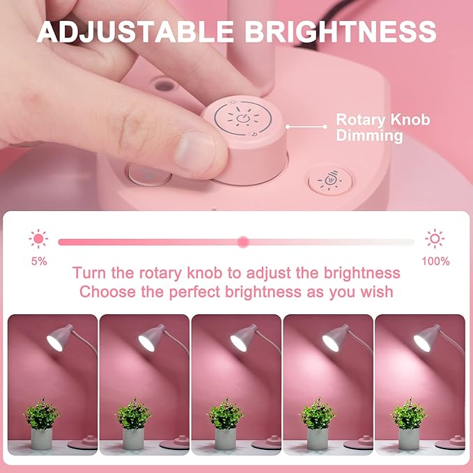 BOHON Cute Desk Lamp with USB Charging Port, 3 Color Modes Dimmable, Pink | Pink Lamp LED Reading Lamp, Flexible Neck Auto Dimming Table Task Light for Home Office Dorm Bedside