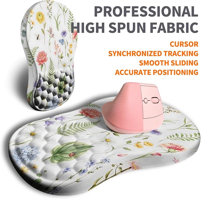 Ergonomic Joint Wrist Support Mouse Pad with Memory Foam Cushion Massage Bump, Carpal Tunnel Pain Relief Mousepad Slope Design for Wrist Rest, 11.8x7.9 in, Bee Butterfly Flower