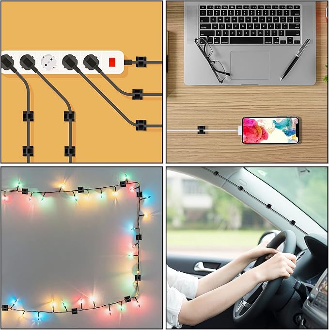 200 Pcs Cable Clips, Adhesive Cable Organizer Cord Holder Wire Clip Wire Management Self Adhesive Hooks Wire Holder for Office, Home, Black