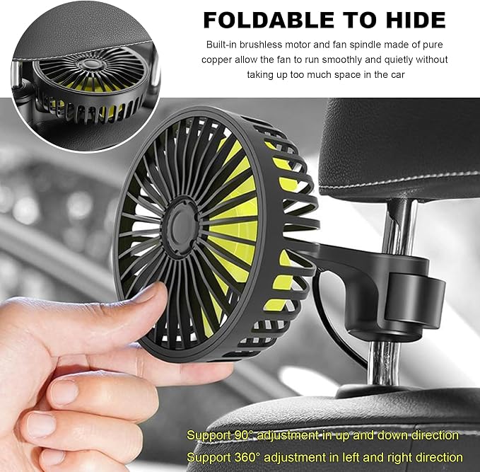 2 PCS USB Car Seat Fans for Backseat, 360° Rotatable Strong Wind Rear Seat Cooling Fan with 3 Speeds, 5V Powerful Air Circulation Electric Headrest Fan for for Sedan SUV RV Truck
