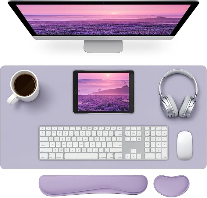 Keyboard and Mouse Pad, 3-in-1 Desk Mat Set Keyboard Wrist Rest | 31.5" x 15.7" Desk Mat, Ergonomic Wrist Rest for Computer Keyboard, Non-slip Base, Waterproof Computer Mat, Lavender