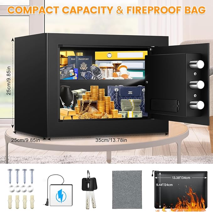 9.84"H Small Safe Box for Money | 1.2 cuft Security Safe with Fireproof Bag | Electronic Digital Safes with Combination Lock and Removable Shelf | Personal Money Safe for Home Cash Medicine Documents