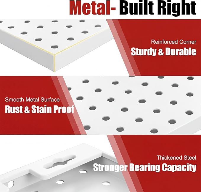 8 Pack Metal Peg Board Panels with 50 Hooks, White | Heavy Duty Wall Mount Storage System for Garage Tools, Workbench, Office & Home Organization