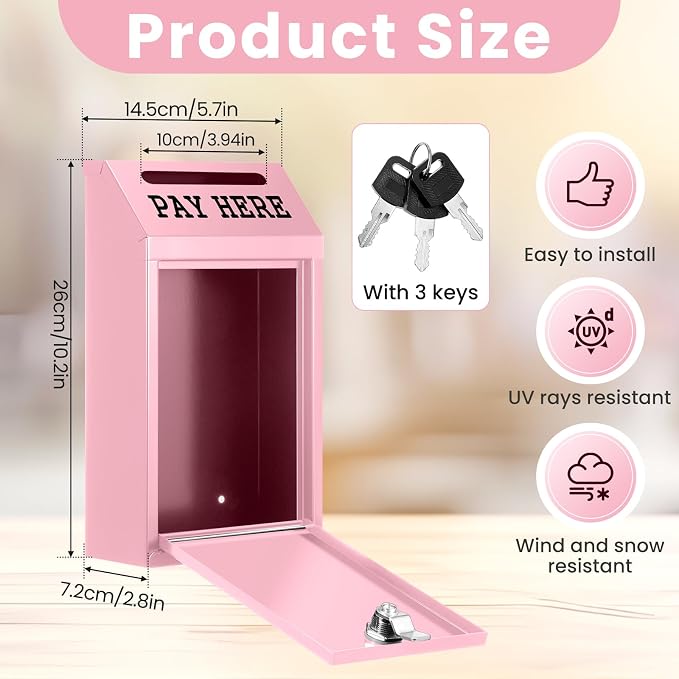Yaocom Safe Metal Cash Box for Farm Stand – Money Drop and Secure Donation Collection, Wall Mount Lockable Unit with Pre Drilled Holes for Outdoor Self Serve(Pink,10.2 x 5.7 x 2.8 Inch)