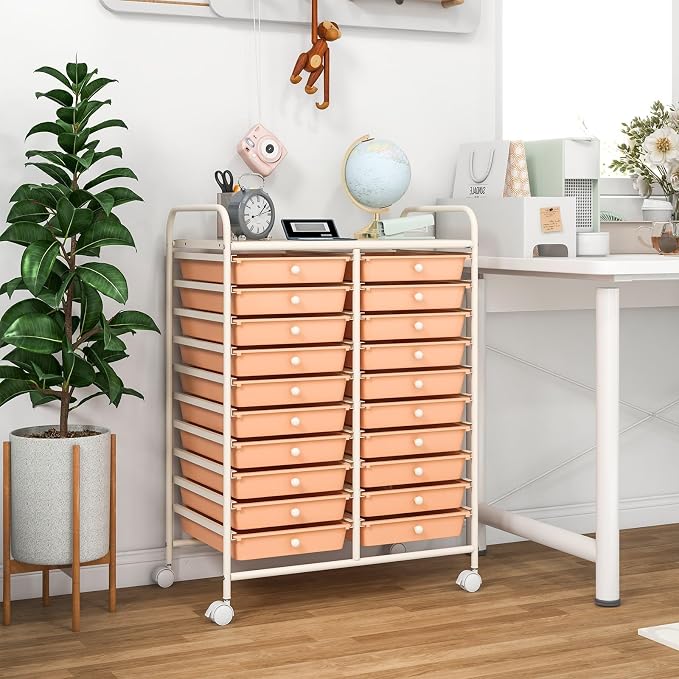 RELAX4LIFE 20-Drawer Rolling Storage Cart - Mobile Rolling Cart w/Drawers for School Classroom Teacher Office Home Salon, Paper File Art Supply Craft Organizer, Utility Cart on Wheels (Pink)