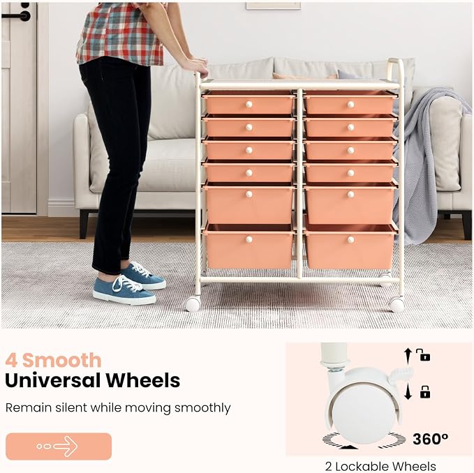 12 Drawer Rolling Storage Cart, Craft Cart Organizer on Wheels w/Metal Frame, Large Capacity & Smooth Drawer, Rolling Cart w/Drawers for Classroom, Office