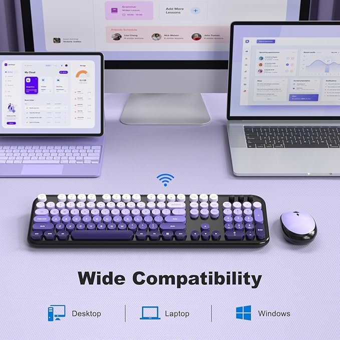 MOFII Wireless Keyboard and Mouse Combo, Full Size 2.4G Retro Round Computer Keyboard and Mouse Set, Plug and Play, for Windows, Computer, Desktop, PC, Notebook - (Black Purple Gradient)