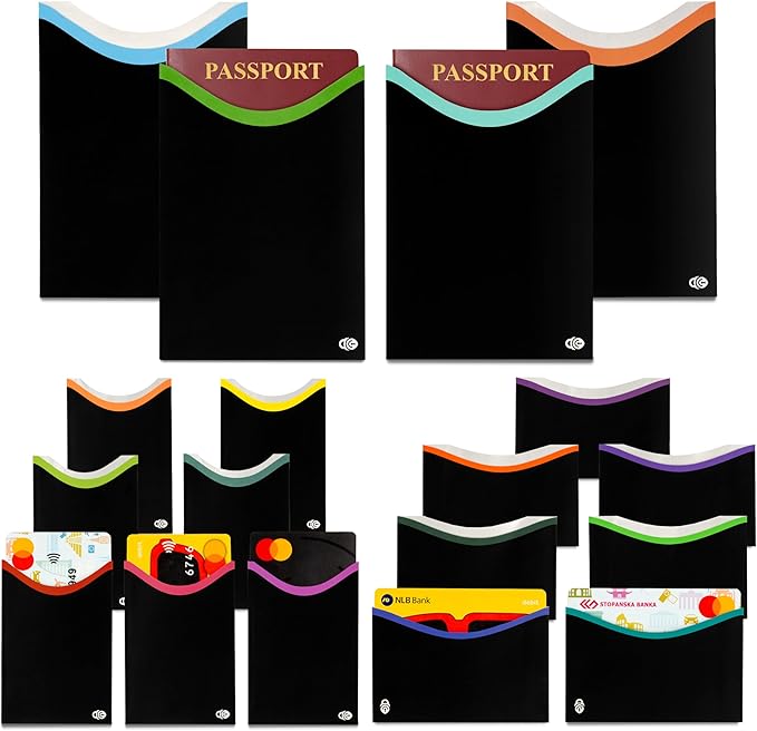 RFID Blocking Sleeves for Credit Cards & Passport (7 Short & 7 Long Side & 4 Passport Sleeves) RFID Card Holder and Protector Sleeve for Credit, Passport Identity Theft Protection Travel Wallet Slim