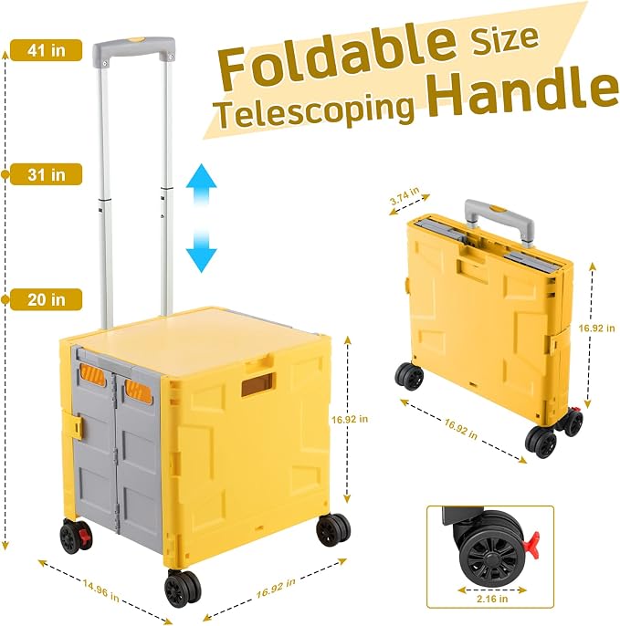 FELICON Folding Utility Cart Rolling Crate Handcart Basket Tote-Yellow+Gray | Collapsible Hidden Lid,Plastic Box,Telescoping Handle,4 Rotate Wheels for Travel Shop Move Grocery Laundry Office Teacher Use